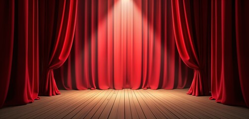 Poster - Red stage curtain with spotlight on wooden floor creates theatrical setting. Performance venue ready for event. Interior design element. Suitable for cinema opera. Excellent for show concert. Elegant