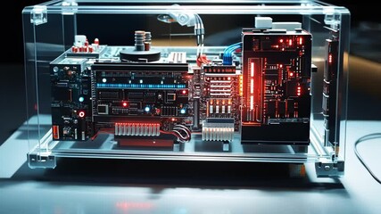 Poster - Complex quantum computing system showcasing advanced technology and processing power within a transparent casing, illuminated by vibrant lights in a dark environment