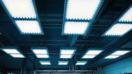 Poster - Rows of bright led panel lights illuminating a modern manufacturing facility create an efficient and well lit workspace, enhancing productivity and showcasing advanced industrial design