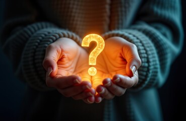 Aufkleber - Person holds glowing question mark in cupped hands. Concept of seeking answers. Illustration evokes seeking solutions help. Ideal for websites promoting FAQs support services. Image fits topics