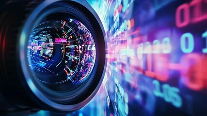 Poster - camera lens focusing on a futuristic manufacturing process, showcasing code, data visualizations, an