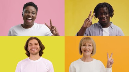 Leinwandbilder - This collage showcases four individuals from different backgrounds, each joyfully making peace signs against bright, colorful backgrounds. Their gestures convey a sense of unity and positivity.