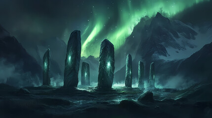 Wall Mural - Northern lights aurora over mysterious stone circle amongst majestic mountains and serene lake landscape at night - breathtaking scenery and natural wonder. Celestial Fjord. Illustration