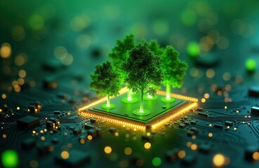 Aufkleber - Green trees grow on tech circuit board. Eco-friendly tech concept. Sustainable future. Illustration shows computer chip with glowing green trees. New eco-friendly tech. Modern tech, nature coming
