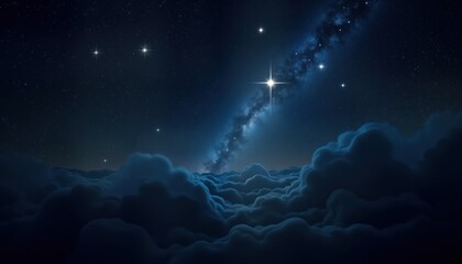 Poster - Dark night sky with bright twinkling stars. Milky way glows above dark clouds. Starry pattern shows beauty of space. View from above clouds. Stunning night sky background. Deep dark blue color.