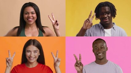 Poster - A collection of four individuals displaying peace signs against vibrant backgrounds. Each person reflects unique emotions, celebrating diversity and connection