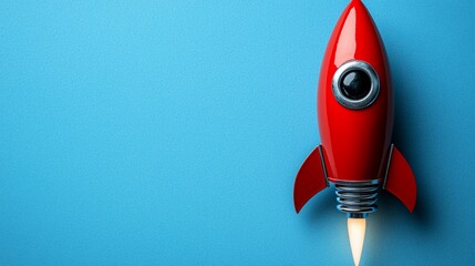 Poster - Red rocket launching on blue background.