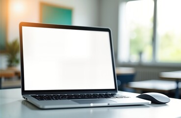Poster - Modern laptop on white table in light interior. Blank screen. Empty room with blurred furniture. Indoor setting suitable for various contexts like study work. Digital device ready for use