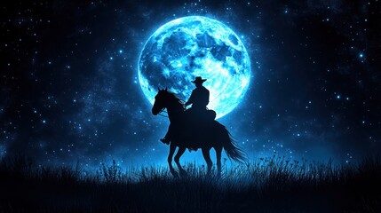  Cowboy silhouette riding horse under a large blue moon at night.