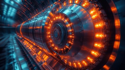 Poster - Futuristic Sci-Fi Machinery with Circular Design and Glowing Orange Lights in a High-Tech Environment, Perfect for Technology and Innovation Concepts