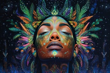 Wall Mural - Vibrant cosmic portrait of a woman adorned with flora.