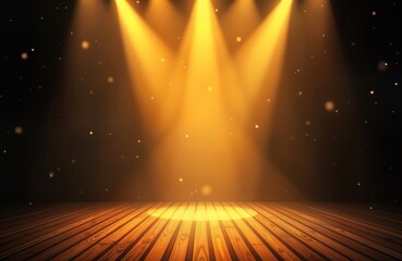 Poster - Empty stage with dramatic golden spotlights. Nighttime setting for entertainment event. Wooden floor shines under intense light. Suitable for various events like concerts, awards ceremonies,