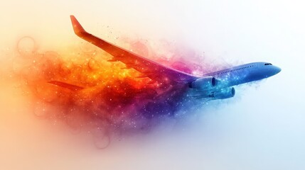 Poster - Vibrant Abstract Representation of an Airplane Soaring Through a Colorful Cosmic Background, Symbolizing Travel, Adventure, and Freedom in the Skies