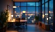 © Pete - Modern office space at night. Blurred view of city lights outside large windows. Interior with plants, furniture. Abstract design. Nighttime urban vibe. Blending of indoor, outdoor elements. Working