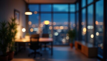 modern office space at night. blurred view of city lights outside large windows. interior with plant
