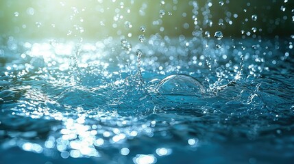 Poster - Water droplets splashing into a clear blue pool