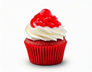 Closeup front view red cupcake with white cream and red jelly