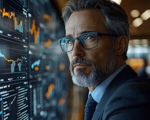 Poster - Confident businessman analyzing data on a large screen.