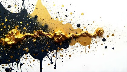 Aufkleber - Gold and black paint splattered across a white canvas background, accented with delicate sprinkles of shimmering gold for a striking artistic effect