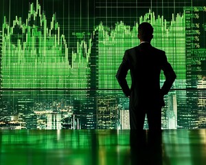 Wall Mural - Businessman viewing city skyline and financial data at night.