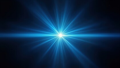 Poster - Bright blue light radiates from center creating starburst effect. Dark background enhances luminous beam. Abstract design. Optical light effect. Visual art. Futuristic scene. Magical illumination.