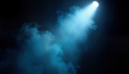 Poster - Spotlight shines through blue smoke on dark background. Dramatic light effect. Perfect for stage performances events. Use in concert posters event announcements. Useful for advertising purposes
