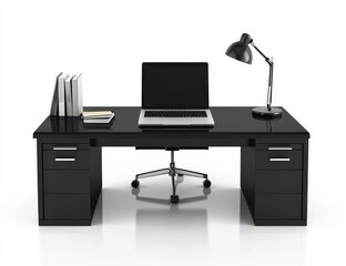 Poster - Modern black office desk with laptop, lamp, and files.