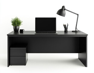 Poster - Minimalist black desk setup with laptop, lamp, plant, and stationery.