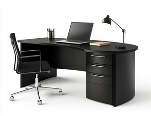 Poster - Modern black executive desk with chair, laptop, and lamp.