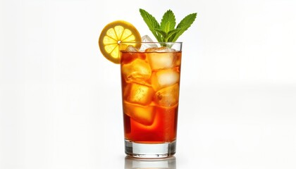 Poster - Refreshing iced tea drink in tall glass. Fresh lemon slice, mint garnish on top of drink. Lots of ice cubes. Perfect summer beverage. Great for bar restaurant. Isolated on white background. Cool