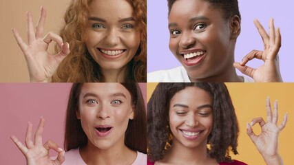 Poster - A collection of four individuals showcasing diverse backgrounds and emotions. Each person displays happiness through gestures and smiles against colorful backdrops, highlighting a joyful atmosphere.