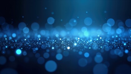 Poster - Abstract digital art piece. Blue glowing particles float on dark blue gradient background. Glittering effect creates dreamy, tranquil atmosphere. Suitable for various designs like banners, posters,