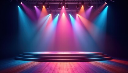 Poster - Empty stage illuminated by vibrant colorful spotlights. Multicolored lighting effects create dynamic atmosphere. Wooden flooring under stage, different shades of color visible. Stage ready for