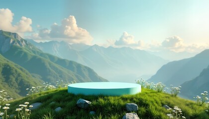 Aufkleber - Empty light teal podium sits on grassy hilltop. Mountainous landscape, sky full of soft clouds form scenic backdrop. White flowers bloom around podium. Beautiful, peaceful natural scene. Minimal