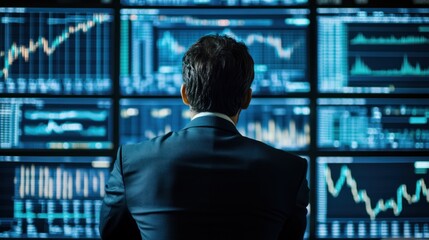 Poster - Businessman analyzing financial data on multiple screens. (1)