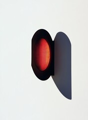 Fototapete - Red orb in black frame against white wall, casting shadow.