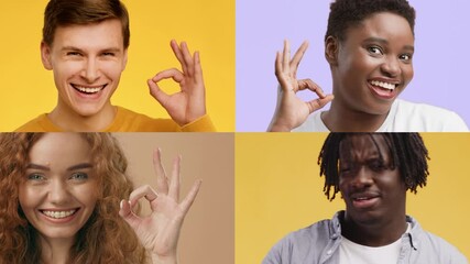 Poster - Four individuals from different backgrounds showcase cheerful gestures and emotions against colorful backgrounds. Their happy expressions convey a sense of unity and celebration.