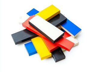 Aufkleber - Colorful plastic blocks haphazardly piled on white background.