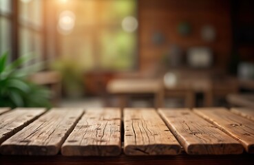 Poster - Rustic wooden table top with blurred background showing interior setting. Natural wood texture, grain visible. Empty table offers display product placement opportunity. Suitable for products.