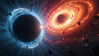 Poster - Two supermassive black holes collide. Debris bursts into deep space. Ethereal floats near accretion disc. Powerful energy wave. Colorful fractal patterns. Cosmic event. Space illustration. Stunning