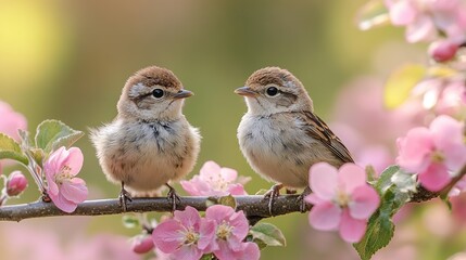 Poster - Baby birds spring blossoms garden