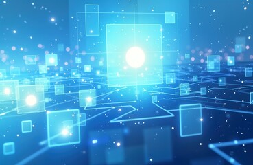 Poster - Abstract blue tech background. Square shapes, glowing lights. Complex network of interconnected square shapes. Bright lights, sense of digital information. Modern design, futuristic feeling. Network