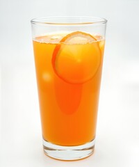 Poster - Refreshing orange juice drink in clear glass. Orange slice garnishes drink. Iced beverage. Tropical refreshment for hot day. Perfect for summer day casual gathering. Single glass of juice, featuring