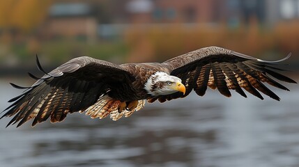 Wall Mural - Bald eagle in flight over autumn river. Wildlife photography for nature documentaries