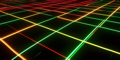 Aufkleber - Luminous neon grid casting vibrant squares, glowing with intense colors over deep darkness, representing digital geometric abstraction