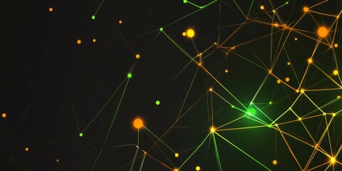 Aufkleber - Digital network visualization featuring glowing green, orange nodes interconnecting across dark background, representing technological connectivity