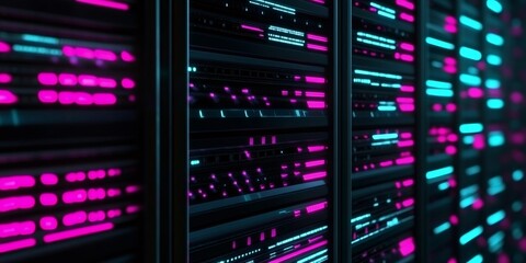 Poster - Rows of data servers glow with vibrant pink and blue lights, showcasing advanced technology and digital infrastructure in a modern datacenter