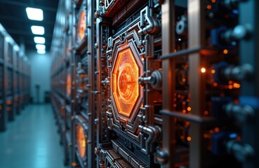 Aufkleber - Futuristic quantum computer system in server room. Complex tech design. Orange glowing central part. Metal structures, wires. Modern data center. High tech innovation. Advanced computer. Powerful AI