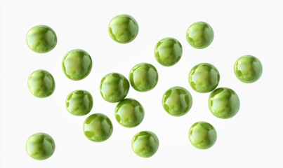 Poster - Scattered green spheres on white background.