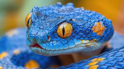 Sticker - Blue viper close-up, rainforest background, nature photography, wildlife